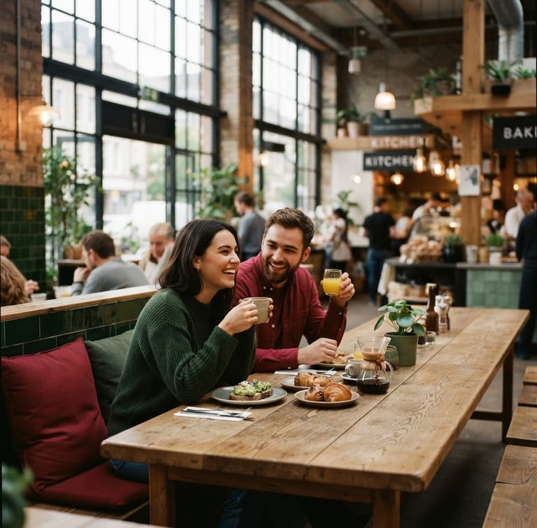 Cozy Scandinavian-style food hall interior, soft morning light filtering through high industrial windows, long wooden communal tables, rich crimson and forest green accents, shallow depth of field, 35mm film.