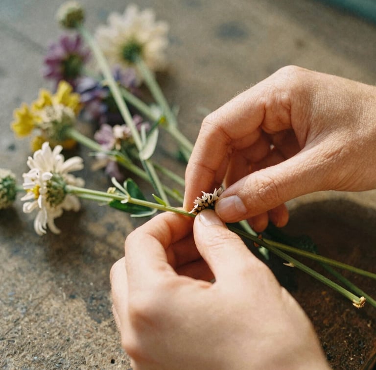 Close-up of hands gently arranging raw floral stems under warm, diffused afternoon sunlight, earthy organic tones, shallow depth of field, 35mm film