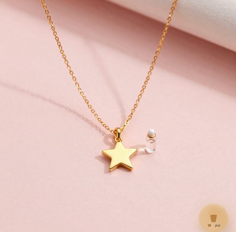 Delicate gold necklace preview on a digital interface, showing options to drag a miniature golden star and a tiny glass vial charm, soft pink background.