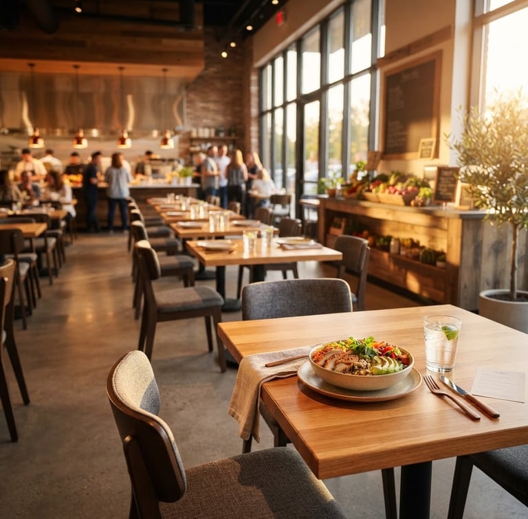 Modern fast-casual restaurant interior at golden hour, clean lines, comfortable seating, warm lighting, empty tables inviting guests, focus on a well-set table to the right, expansive dining area.