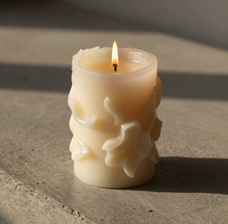A close-up portrait of an intricate sculptural candle bouquet burning cleanly on a raw concrete slab, soft afternoon shadows stretching to the side, warm golden hour tones.