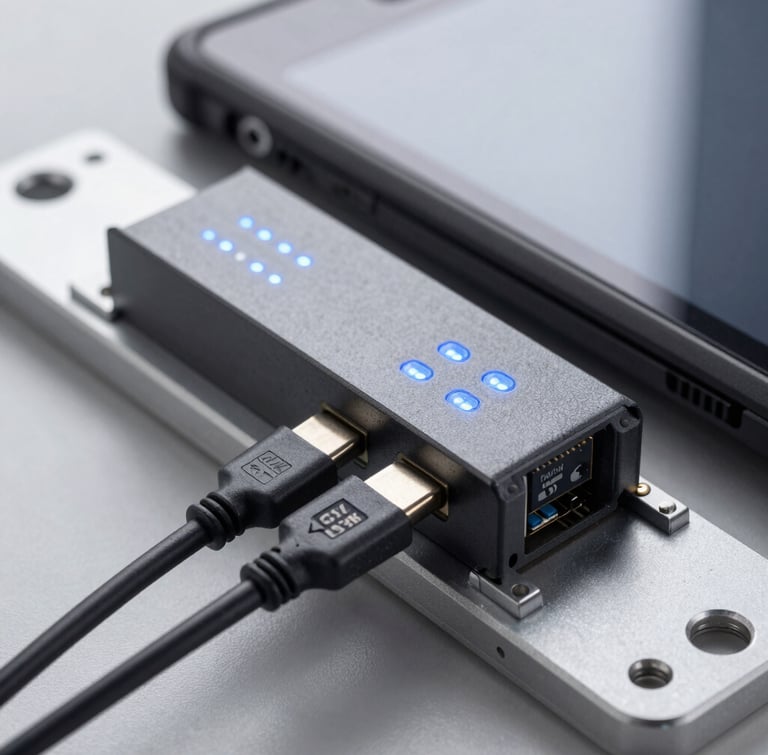 Macro shot of a rugged Android tablet mounted on an industrial DIN rail, connected via USB-C to a Modbus controller, cool blue status LEDs reflecting on the metallic casing, sharp focus.