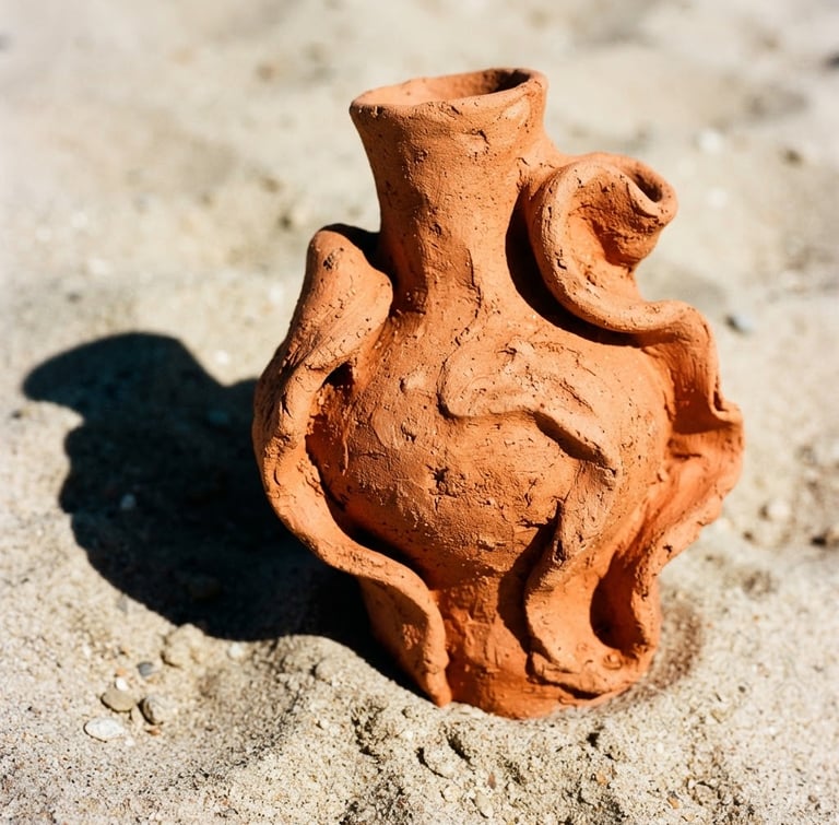 A close-up of a vibrant terracotta sculptural vase with organic curves, resting on a soft sand surface under harsh direct sunlight, casting a sharp dramatic shadow, bold editorial photography, 35mm lens.
