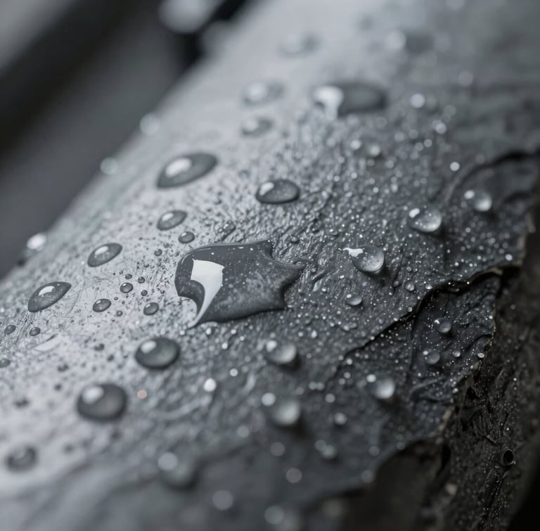 Extreme macro shot of slate gray industrial coating with sharp directional light highlighting the hydrophobic water-beading texture.