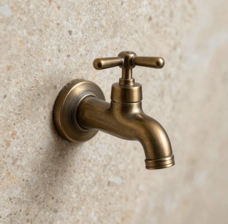 Macro architectural photograph of a brushed bronze tap emerging from a travertine wall, perfect soft side lighting, sharp focus on the stone texture.