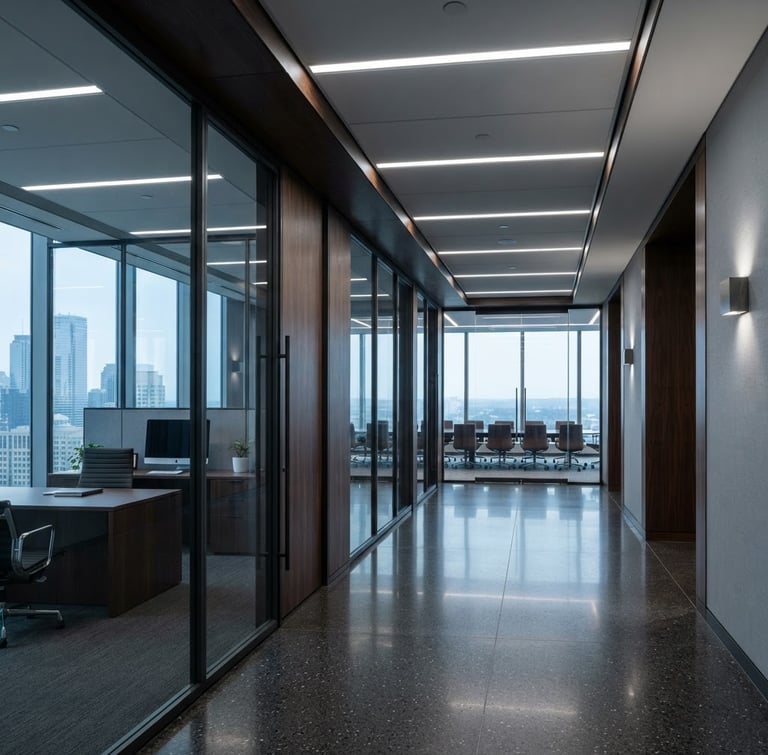 Wide shot of a modern, high-end corporate office interior with sleek dark wood and glass, cool diffused daylight, no people, emphasizing architectural lines and structure.