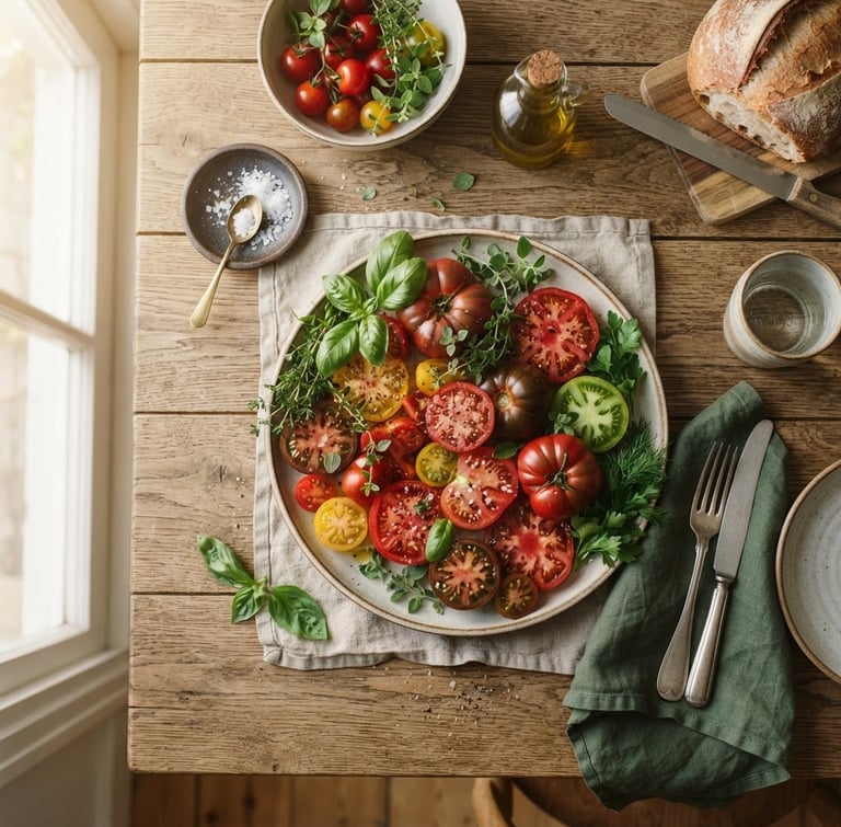 Overhead flat-lay of a rustic Scandinavian wooden dining table, warm morning window light, plates of fresh heritage tomatoes and herbs, rich crimson tones, 35mm