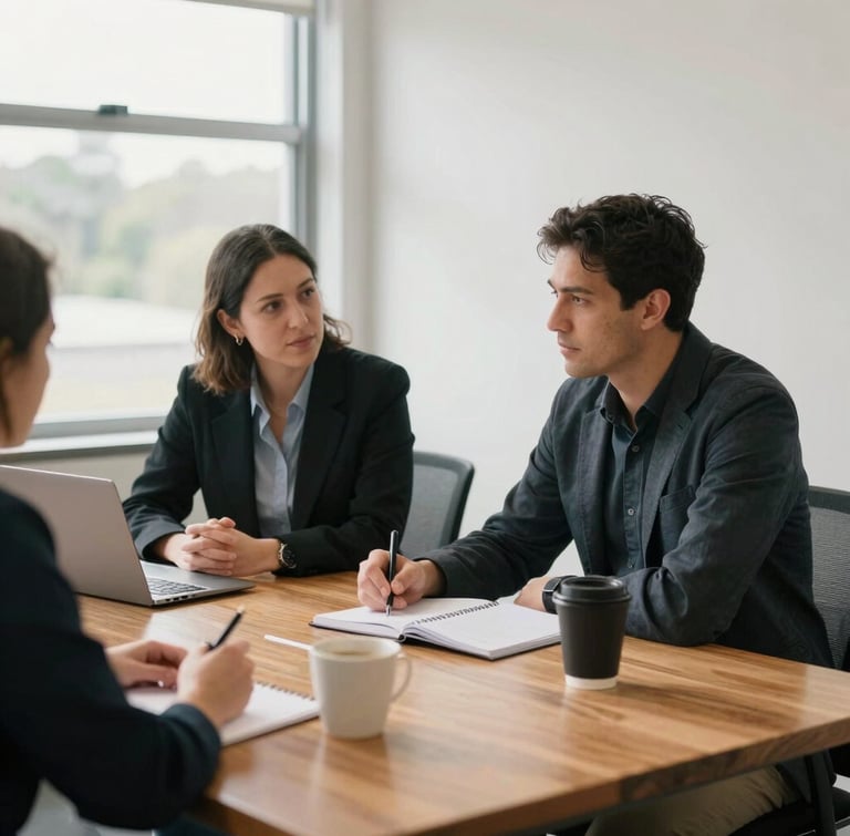 A quiet, bright Australian ministry office. Two leaders sit at a wooden table with open notebooks and coffee cups, engaged in collaborative coaching under soft window light.