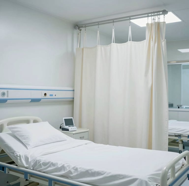 Straight-on architectural shot of a sterile, modern hospital ward, fitted with crisp white linens and privacy curtains under bright, clinical light.