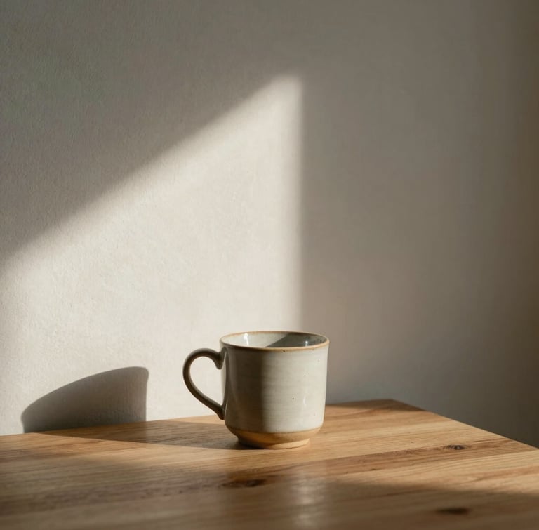Portrait of a quiet domestic space, soft morning light casting gentle shadows on a textured wall, a ceramic mug resting on a wooden table, warm editorial minimalism.