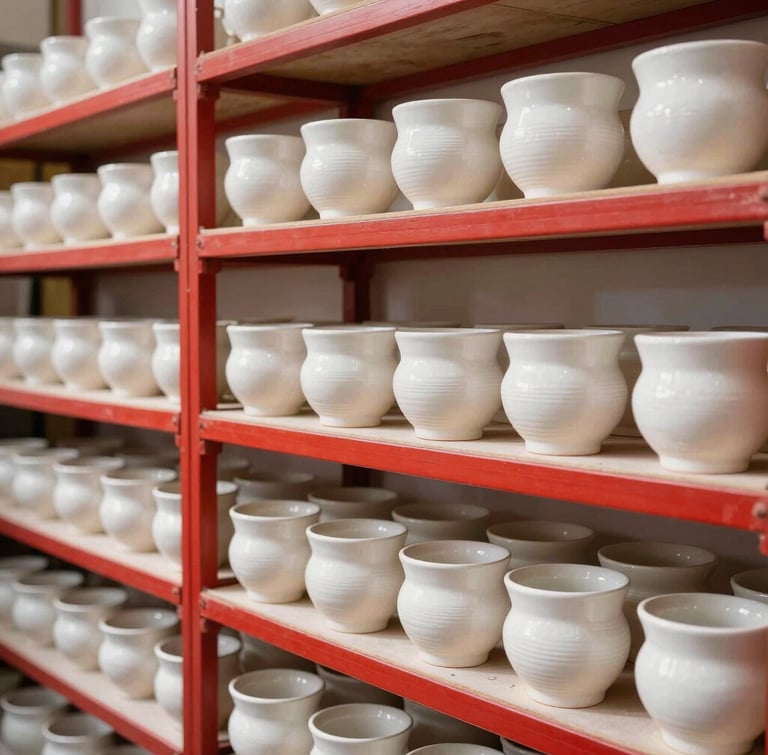 A bright, sunlit workshop in Vietnam, shelves filled with hand-glazed ceramic pots, natural textures, crisp editorial photography.