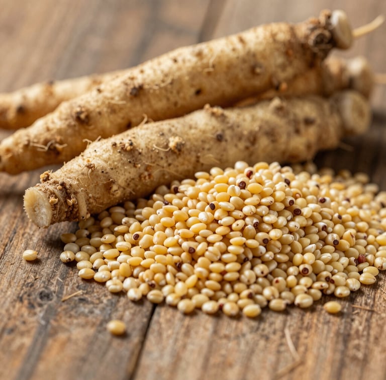 Macro close-up of raw organic maca roots and golden quinua grains on a rustic wooden surface under diffused overcast daylight, clean composition.