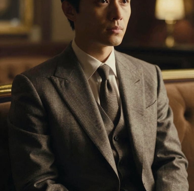 Cinematic portrait of an elegant companion in a tailored suit, face partially in shadow, soft ambient lighting of a luxury London lounge, 35mm film grain.