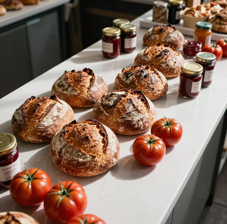 A top-down Scandinavian style shot of a modern market counter. Natural side light illuminates fresh crusted sourdough loaves, jars of preserves, and raw heirloom tomatoes casting rich shadows.