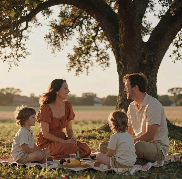 A warm family picnic under an oak tree at golden hour, parents laughing with their two young children, soft natural light, cinematic depth of field.