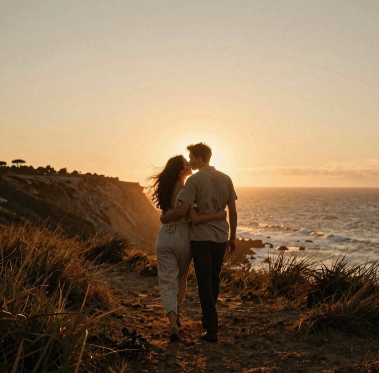 A couple walking along a windy coastal cliff at sunset, warm golden-hour light backlighting their silhouettes, authentic embrace, film grain.