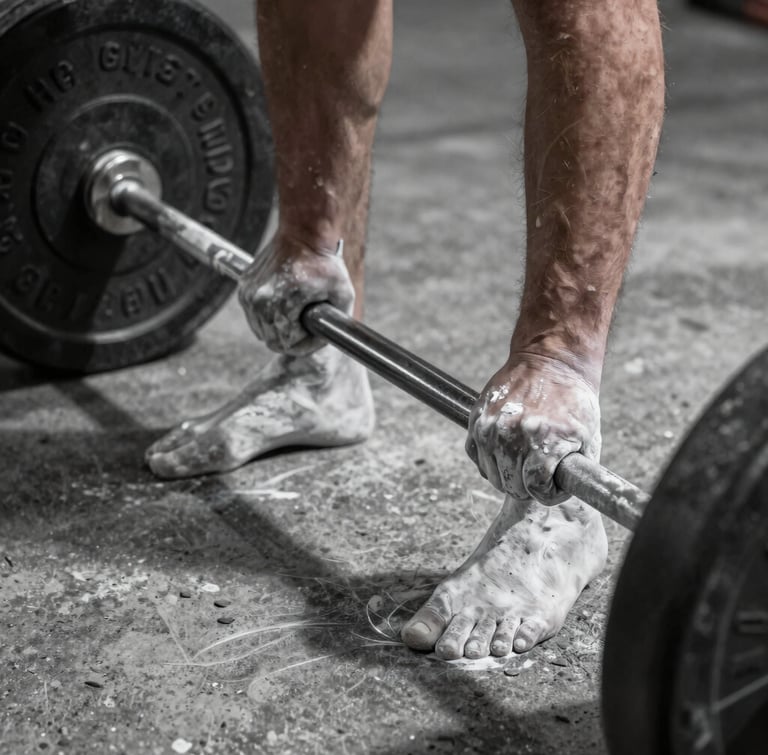 High-contrast desaturated close-up of chalked hands gripping a heavy barbell, harsh shadows, low-key lighting, raw concrete environment.