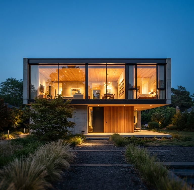 Straight-on architectural photography of a modern minimalist single-family house at dusk, warm golden light glowing from large panoramic windows, clean concrete and wood facade, 35mm lens, shallow depth of field