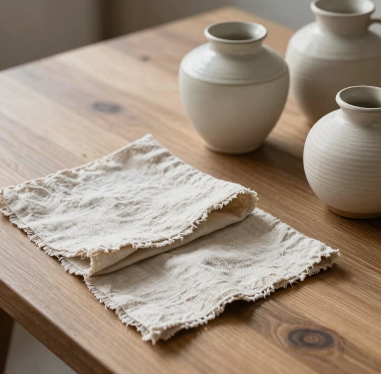 Soft diffused daylight falling on textured linen swatches and handmade ceramic vessels on a warm ash wooden table, editorial portrait composition, gentle shadows.