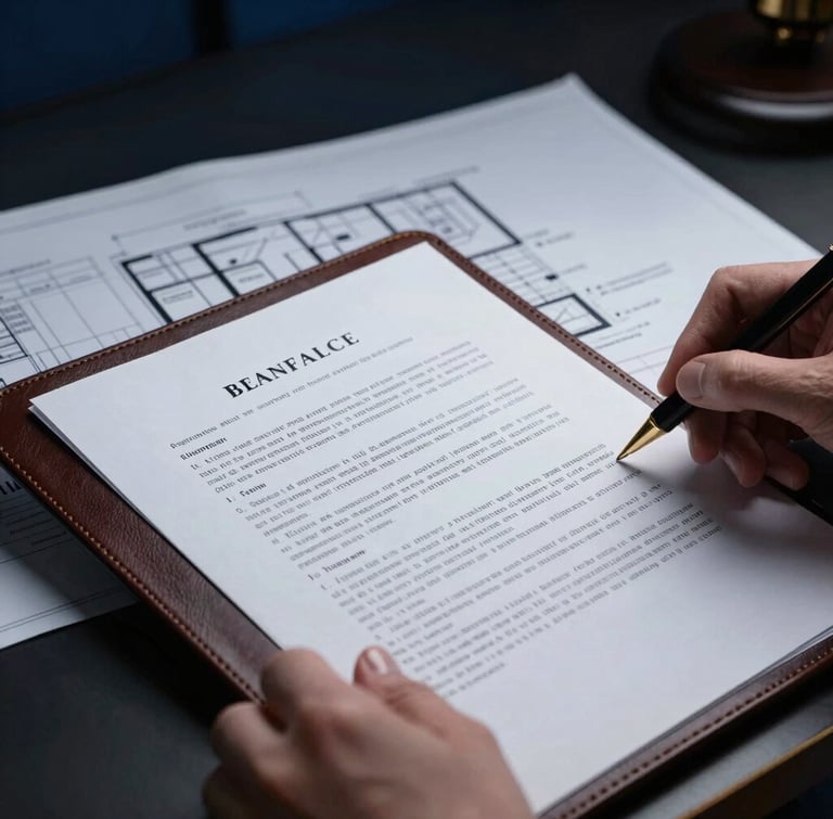 Macro close-up of hands reviewing a leather-bound legal document containing property bylaws, architectural blueprints visible in the soft background, dramatic low-key boardroom lighting.