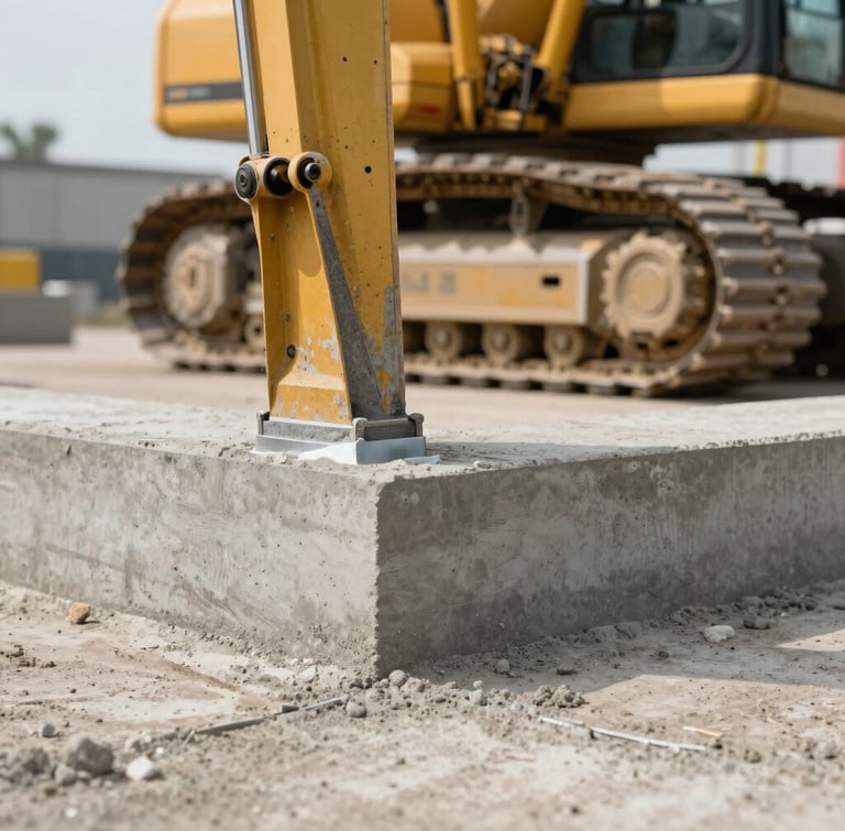 Close-up of a freshly poured commercial concrete joint with clean sealant lines, heavy yellow excavator tracks visible in the background, crisp daylight