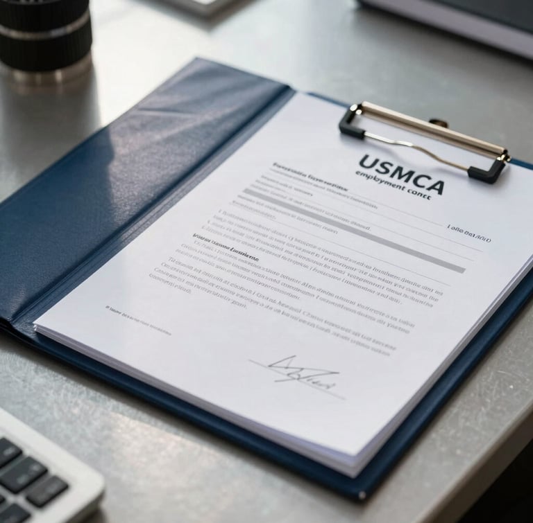 A crisp close-up of a professional navy blue folder containing verified USMCA employment contracts, resting on a clean steel desk under bright natural daylight.