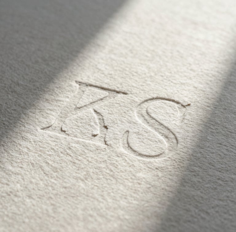 A close-up of heavy cotton paper stock with debossed typography, soft afternoon shadows casting across the textured surface.