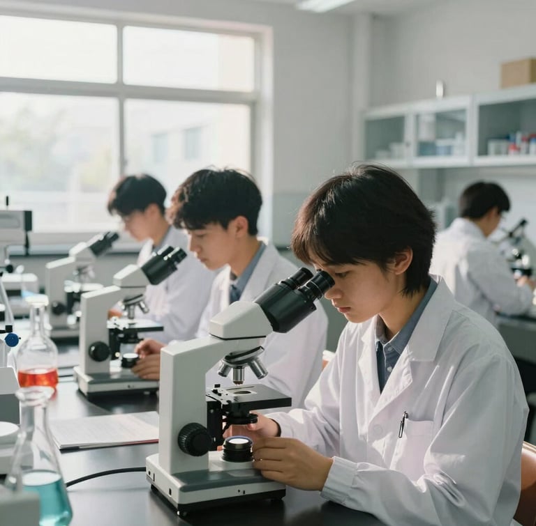 Candid medium shot of high school students in a modern science laboratory, focused on an experiment with microscopes, bright natural daylight streaming through large windows.