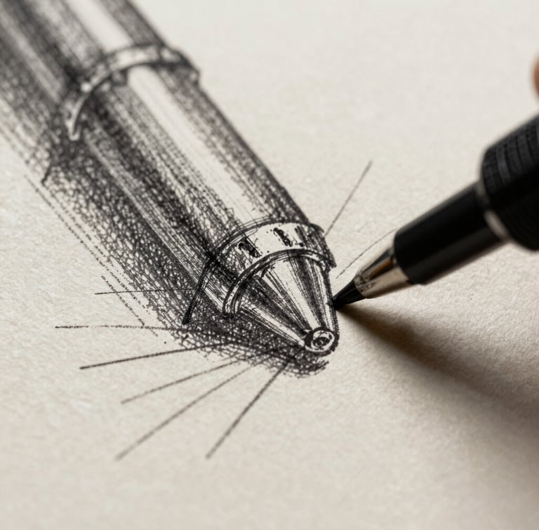 Extreme macro shot of physical black ink sketching on heavily textured cream paper, showing raw pen strokes and ink bleed, high-contrast studio lighting, deep shadows.