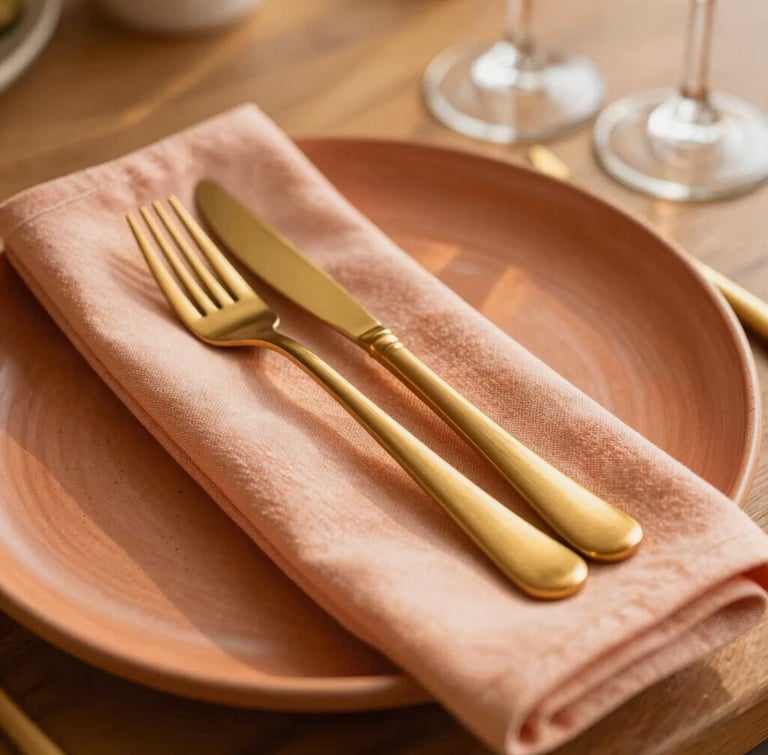 Close-up of a beautifully curated table setting, textured terracotta ceramic plates layered with a custom peach linen napkin, elegant gold-brushed cutlery, warm golden-hour sunlight casting soft shadows, shallow depth of field, 35mm editorial photography.