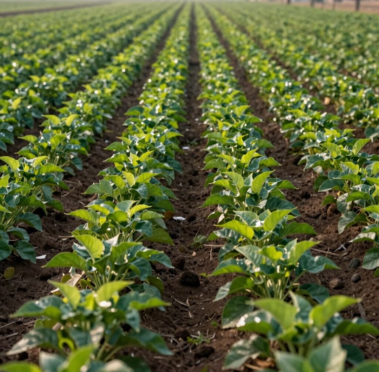 Wide-angle early morning shot of a thriving commercial crop field in India, healthy green plants in structured rows, rich dark soil visible between rows, soft natural sunlight.