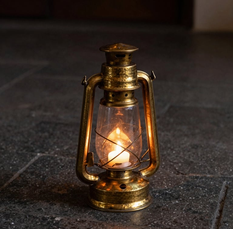 A tall hand-hammered brass lantern with a glass chimney, sitting on a dark stone floor, warm candle light reflecting on the hammered metal, dramatic side-lighting