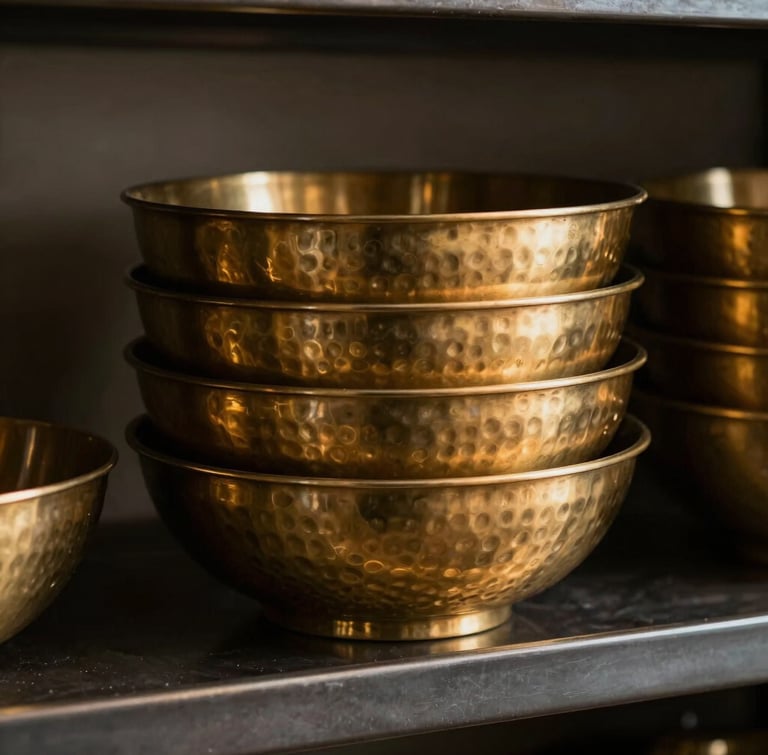A group of three nested decorative brass bowls with rich hammered textures, stacked neatly on a dark steel shelf, warm dramatic side-lighting