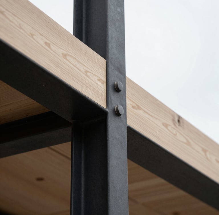 Extreme close-up of an architectural joint where blackened steel meets raw white oak, soft overcast daylight, sharp focus on material transition.