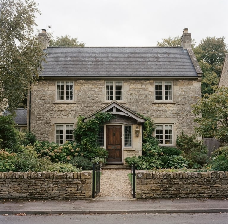 Dignified editorial photography of a quiet residential home exterior in soft overcast daylight, muted earth tones, focus on architectural stability, 35mm lens.