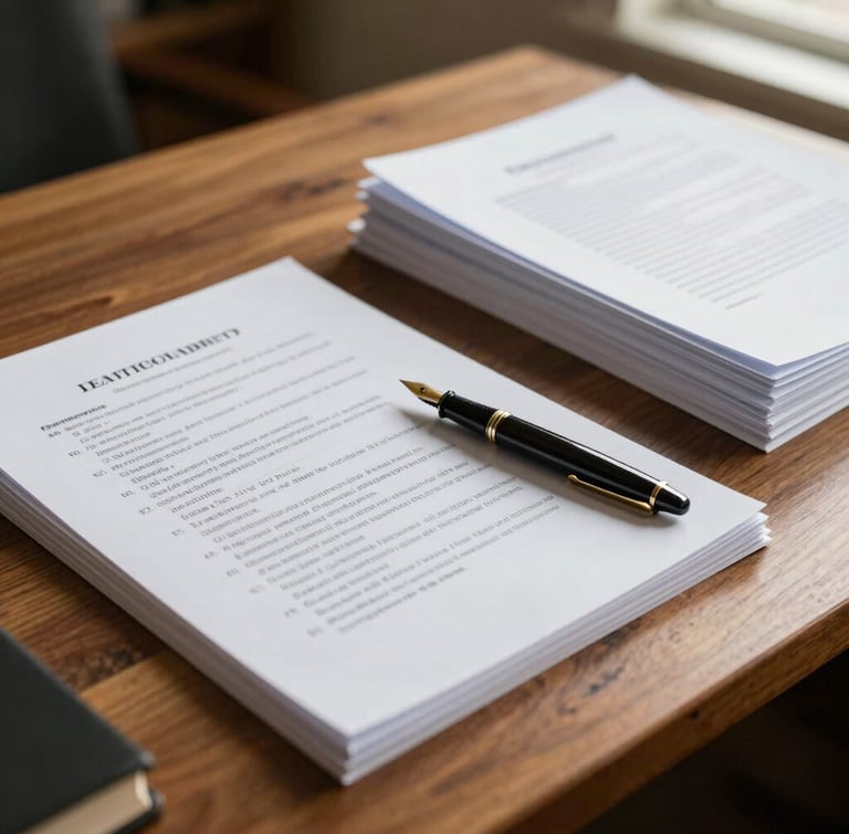 A close-up of a heavy oak desk with neatly stacked legal documents, a classic fountain pen resting on textured paper, illuminated by warm window light.