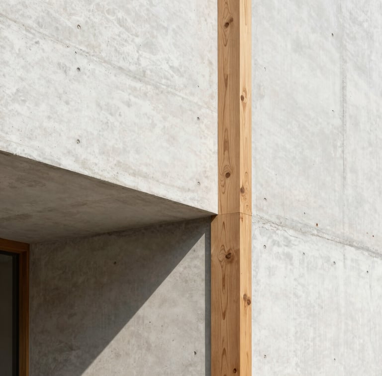 Luminous architectural photography of raw concrete and warm timber structural joins, bright natural daylight casting clean architectural shadows, minimalist aesthetic.