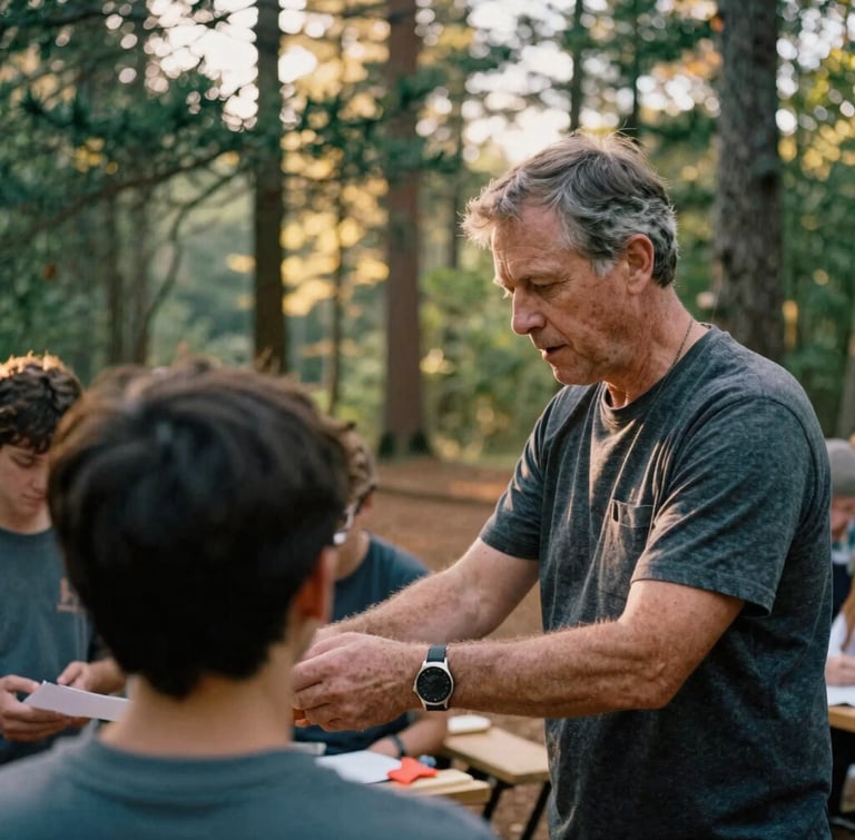 A close-up shot of a mentor guiding a young adult during an outdoor community workshop in Waleska, Georgia, warm golden-hour light filtering through pine trees, 35mm film aesthetic.