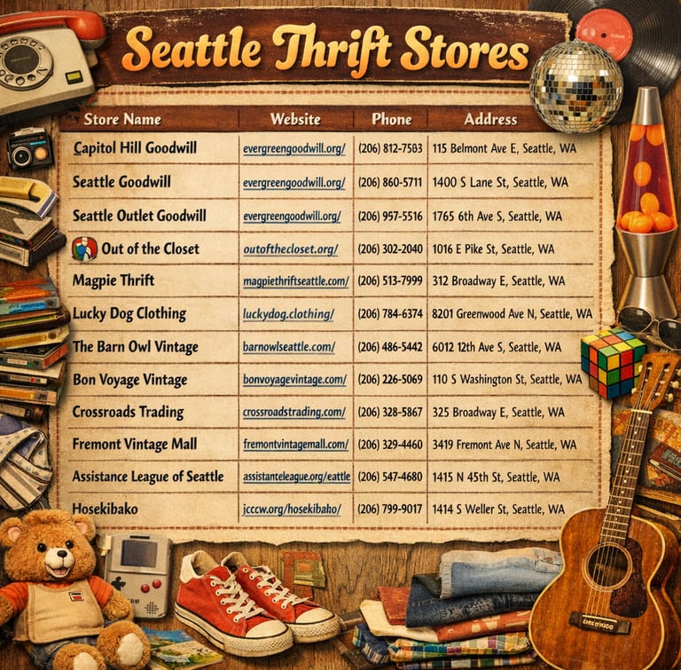 atable of all the thrift stores in the Seattle area