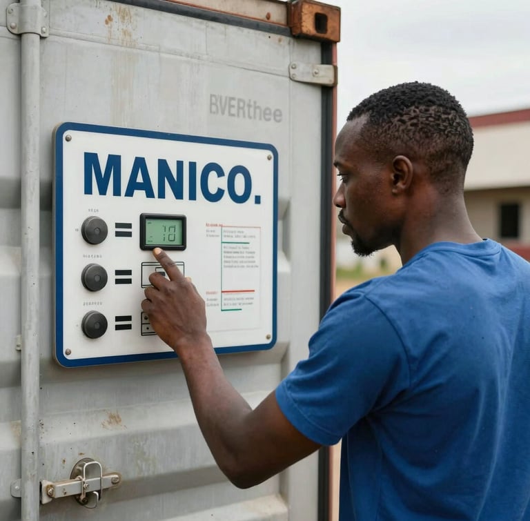Un chauffeur guinéen inspectant le panneau de contrôle de température d'un conteneur frigorifique, arrière-plan de caisses de manioc prêtes pour le transport, lumière naturelle.