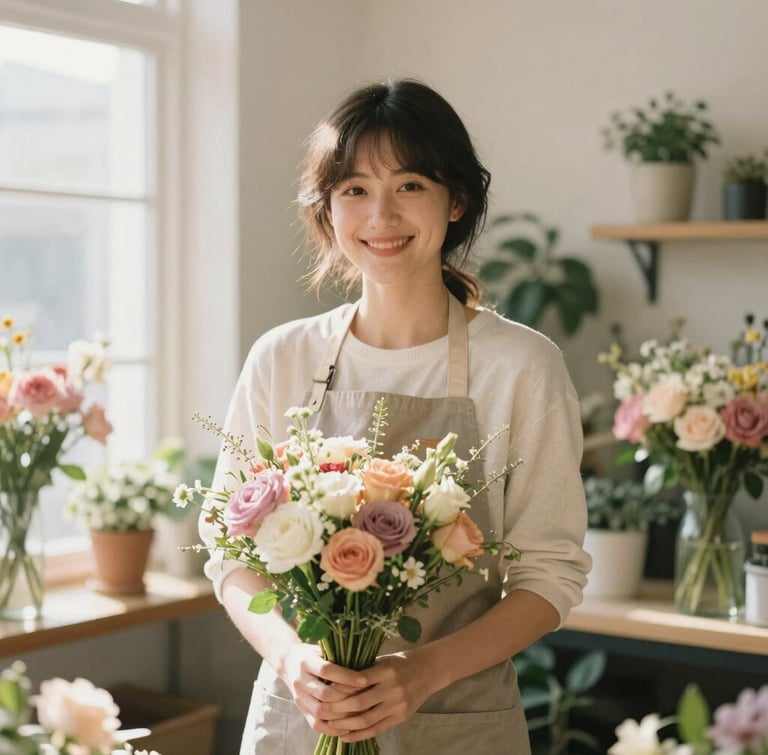 Portrait of a smiling female florist in an apron standing in a sunlit flower shop, holding a loose garden-style bouquet, soft morning light, warm 35mm style