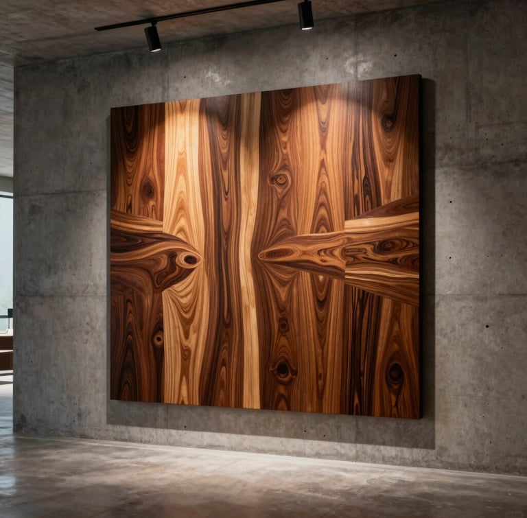 Dramatic chiaroscuro photograph of a large-scale marquetry artwork installed in a concrete minimalist penthouse, warm spotlight highlighting the rich walnut and maple grain, ultra-wide framing