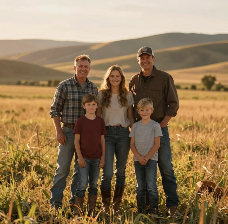 A warm, candid portrait of a farming family standing together in a sun-drenched pasture at golden hour, wearing simple work clothes, soft focus background of the Idaho hills.