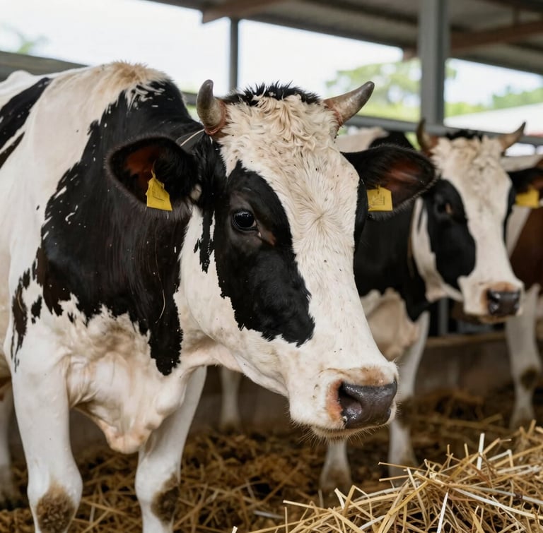 Close-up of healthy dairy cows in a clean, dry Costa Rican stable, bright natural daylight, focus on dry bedding