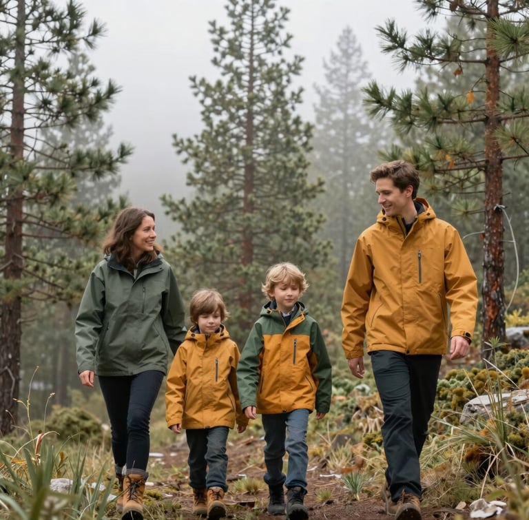 A family hiking through a misty pine forest in Boise, wearing rugged green and amber all-weather jackets, soft overcast daylight, 35mm lens