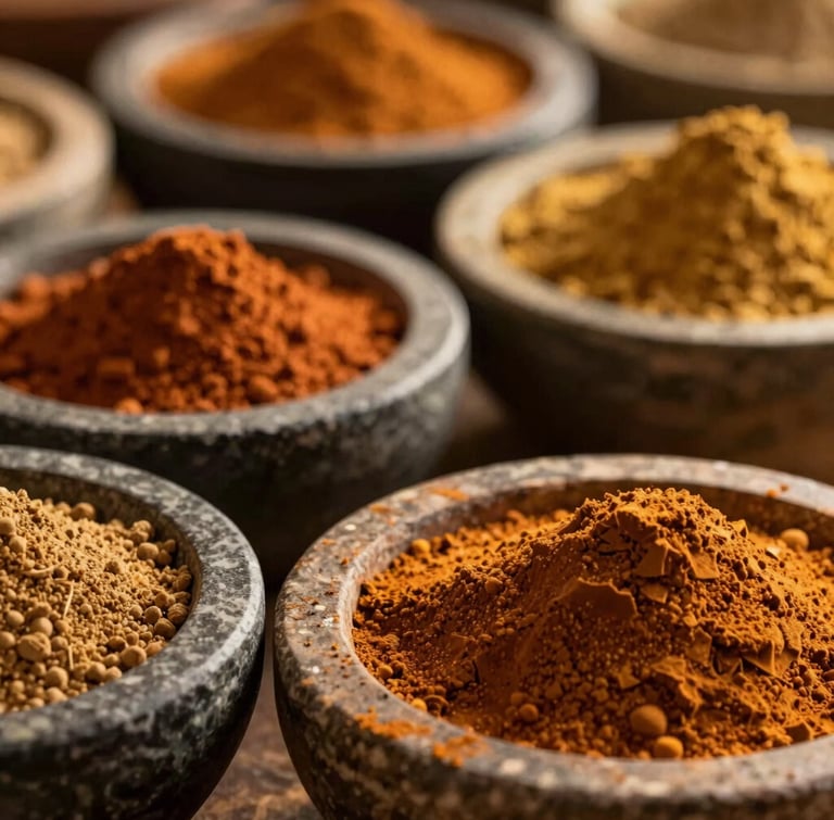 Close-up of textured heritage spices in hand-carved stone bowls, dramatic single-source side lighting highlighting rich ochre, terracotta, and amber tones.