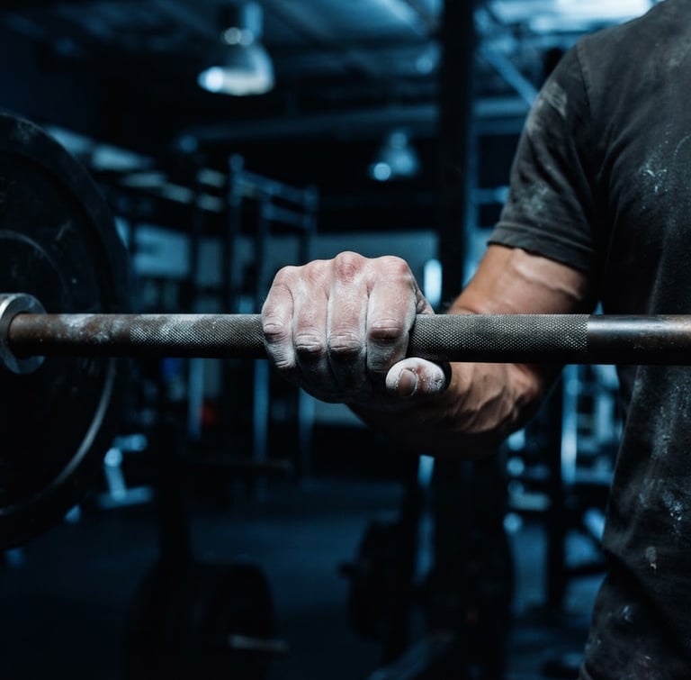 Dynamic close-up of chalked hands gripping a heavy steel barbell, moody athletic gym lighting with cool blue highlights, deep shadows, sharp focus, 35mm film.