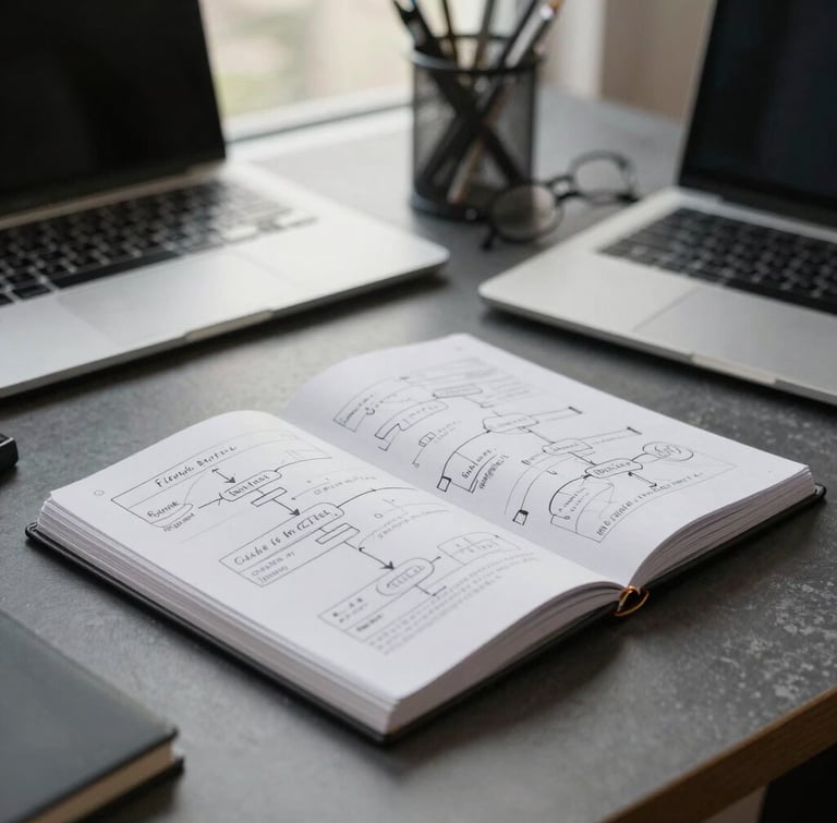 Primer plano cenital de una libreta de diseño sobre un escritorio gris oscuro, mostrando diagramas de flujo interactivos dibujados a mano con anotaciones técnicas precisas, luz lateral suave de ventana de estudio.