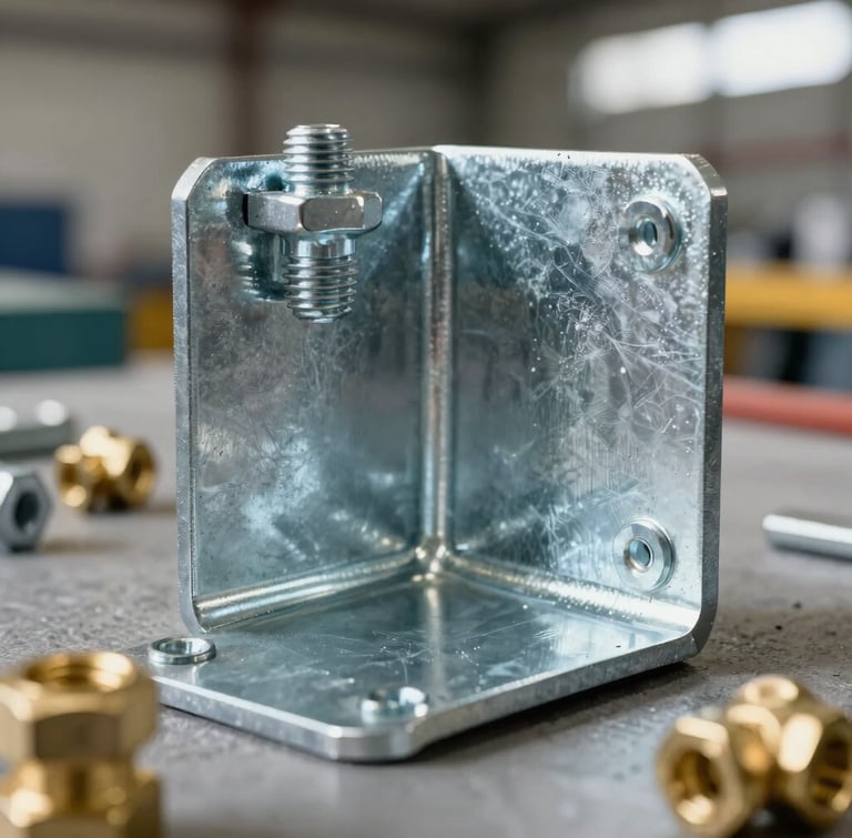 Macro studio photograph of heavy-duty galvanized steel mounting brackets and brass fittings, clean warehouse daylight, sharp focus on structural bolts.