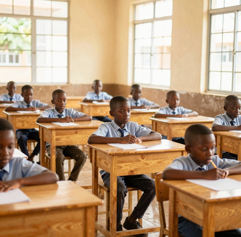 Orderly classroom at Saint Marc school in Abidjan, natural light streaming through windows, children focused on their desks, warm editorial style